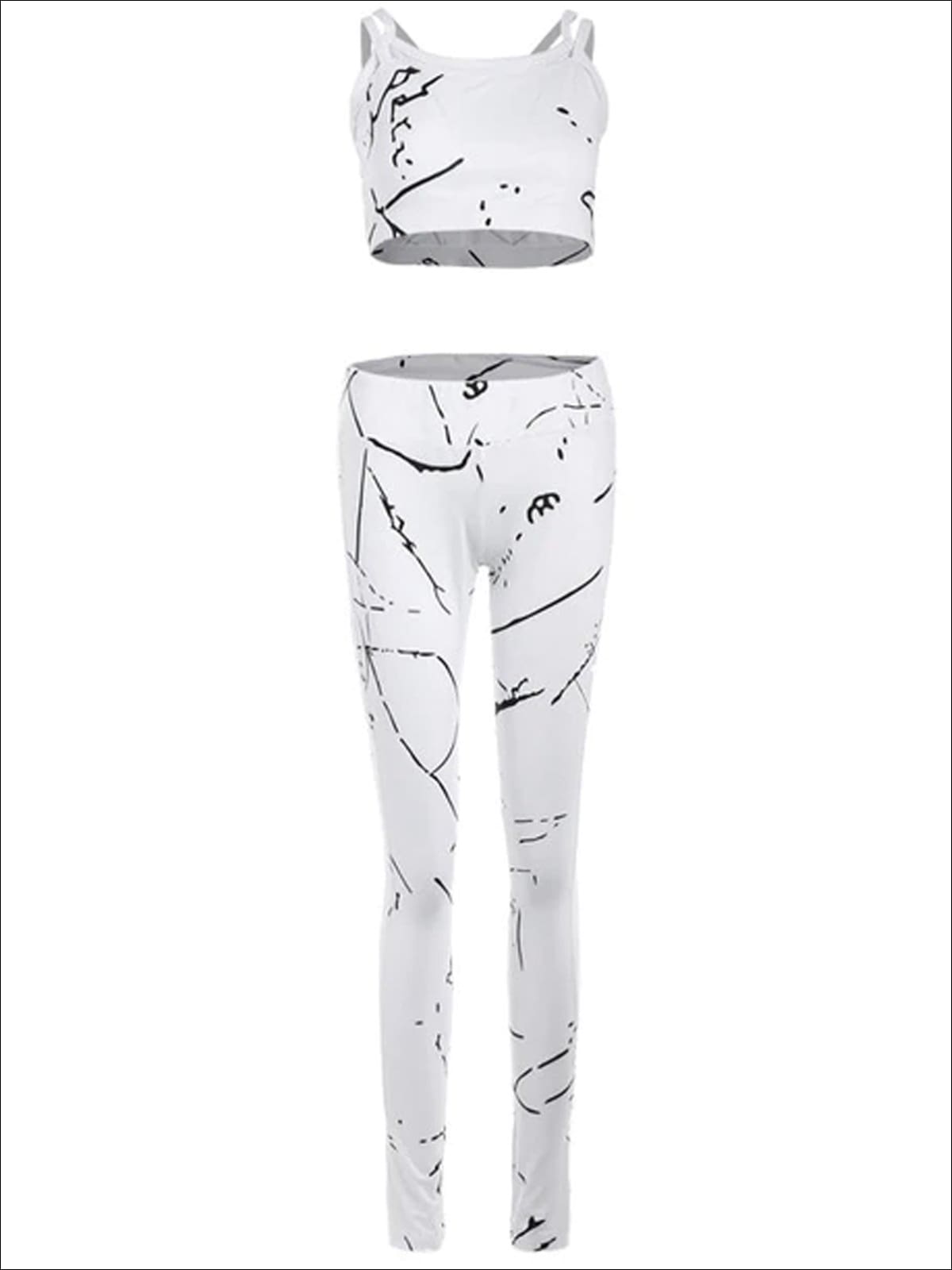Womens White Marble Print Mesh Panel Activewear Set - Womens Activewear