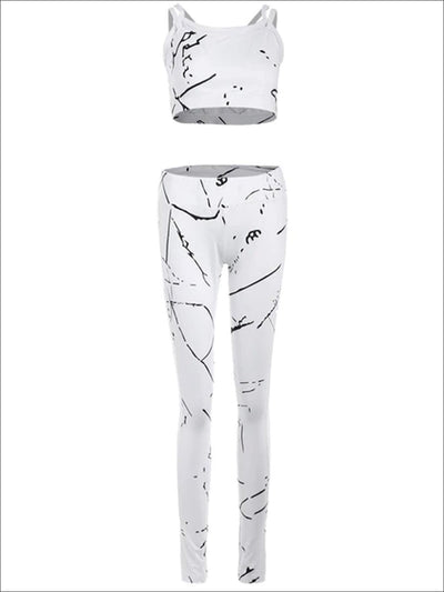 Womens White Marble Print Mesh Panel Activewear Set - Womens Activewear