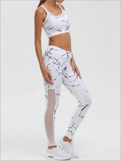 Womens White Marble Print Mesh Panel Activewear Set - White / S - Womens Activewear
