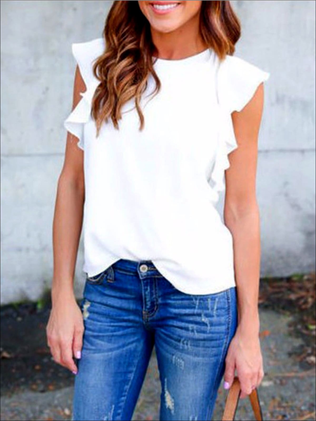 Womens White Ruffled Sleeve Top - White / XL - Womens Tops