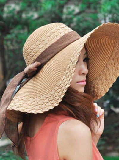 Womens Wide Brim Floppy Hat With Large Ribbon - Womens Accessories