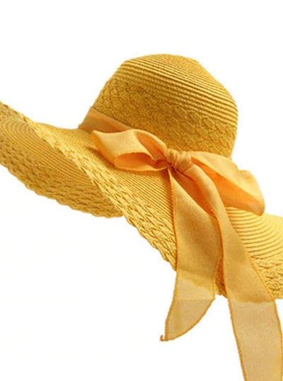 Womens Wide Brim Floppy Hat With Large Ribbon - Yellow - Womens Accessories