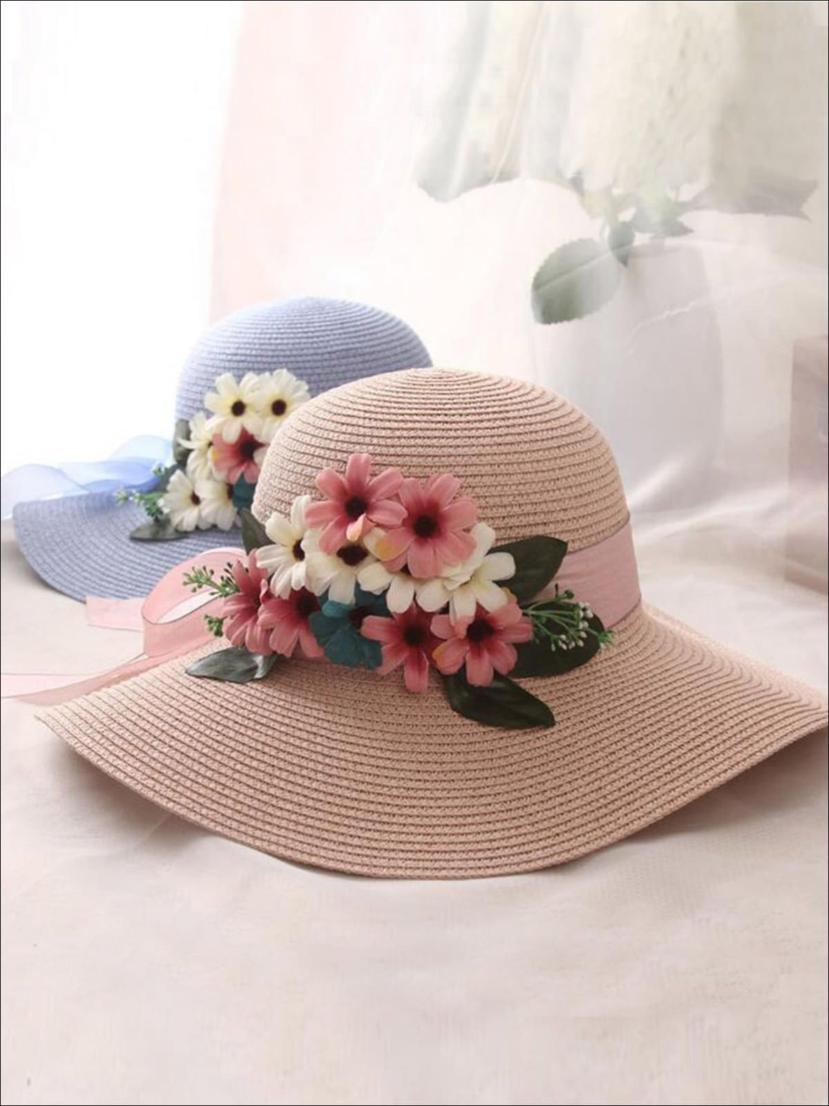 Womens Wide Brim Straw Hat with Flower Sash - Womens Accessories