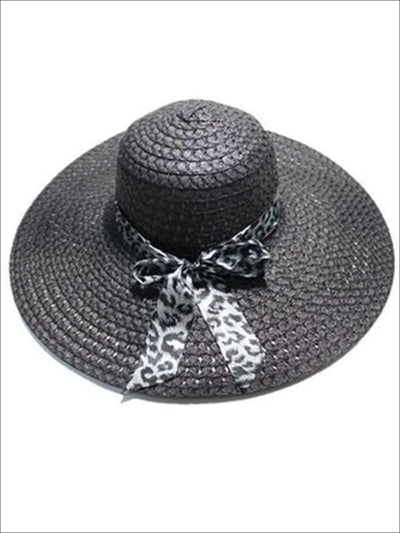 Womens Wide Brim Straw Hat With Leopard Print Ribbon - Black - Womens Accessories