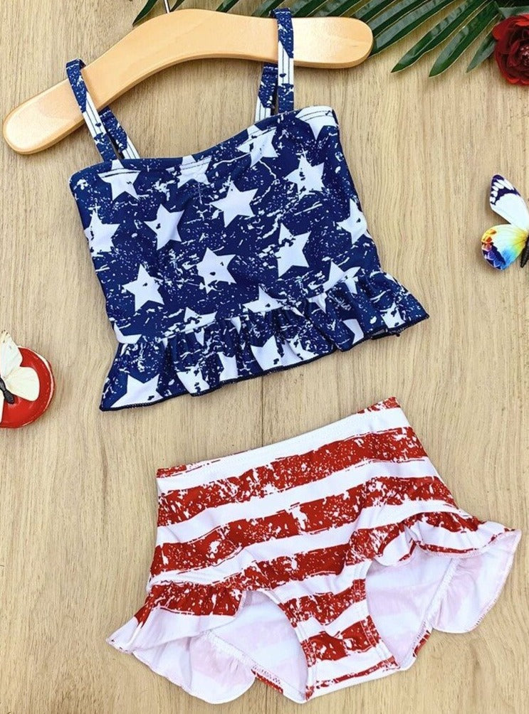 Kids 4th of July Swimwear | Girls Ruffle Tankini Two Piece Swimsuit