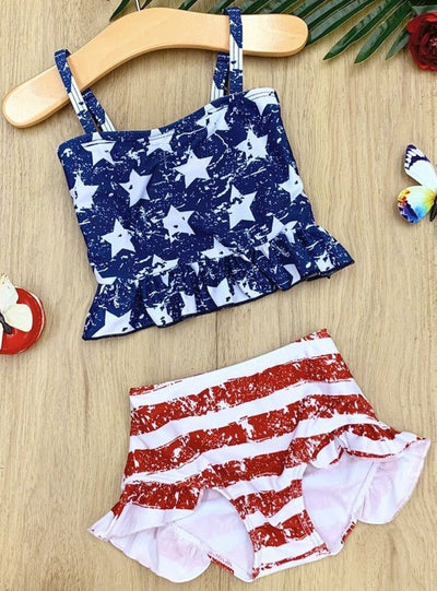 Kids 4th of July Swimwear | Girls Ruffle Tankini Two Piece Swimsuit